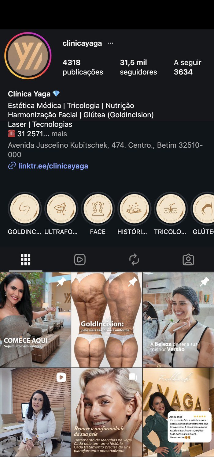 Perfil da Clínica Yaga no Instagram